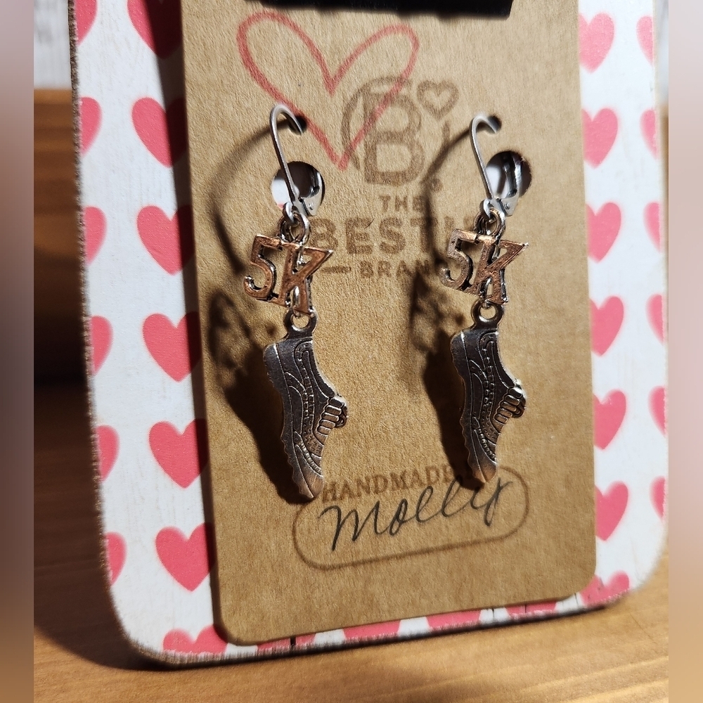 Silver 5K Running Shoes Sneaker Runner New Years Resolution Earrings Handmade